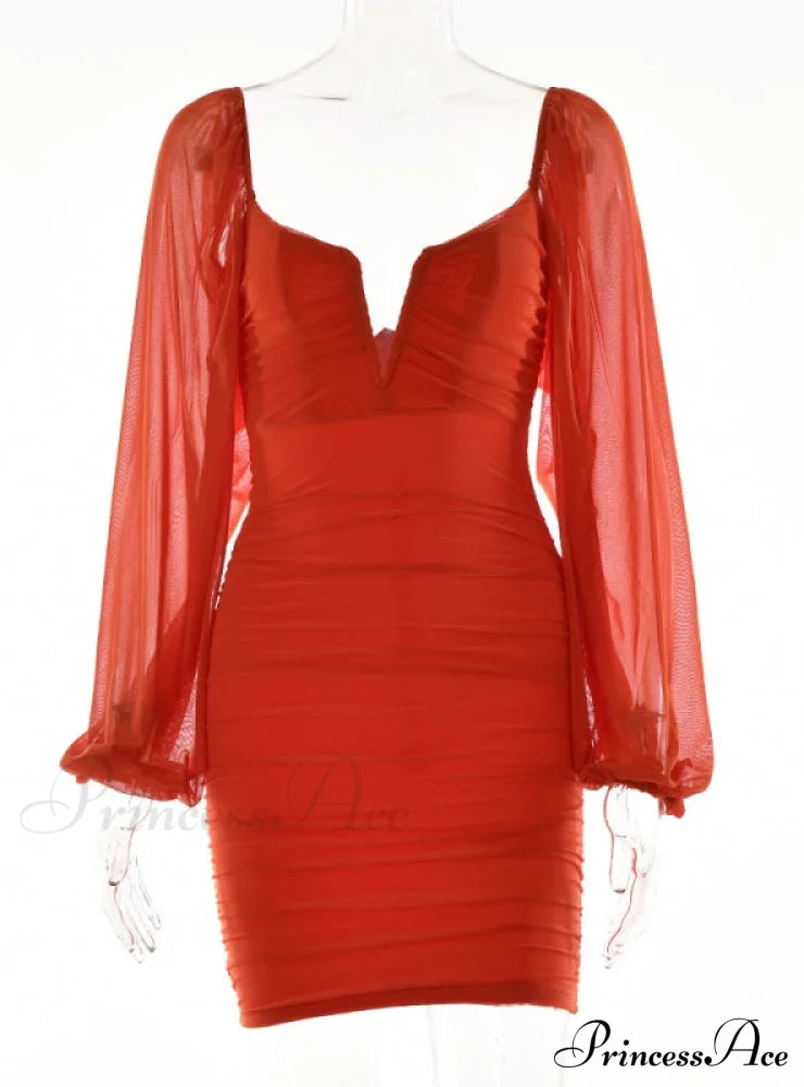 Lantern Sleeve Ruched Bodycon Dress With V-Cut M / Black Dresses