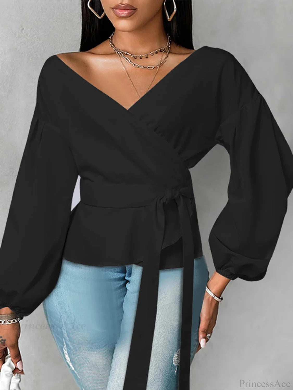 Lantern Sleeve Ruffled Belted Solid Color Blouse Black / 0XL blouse-250126