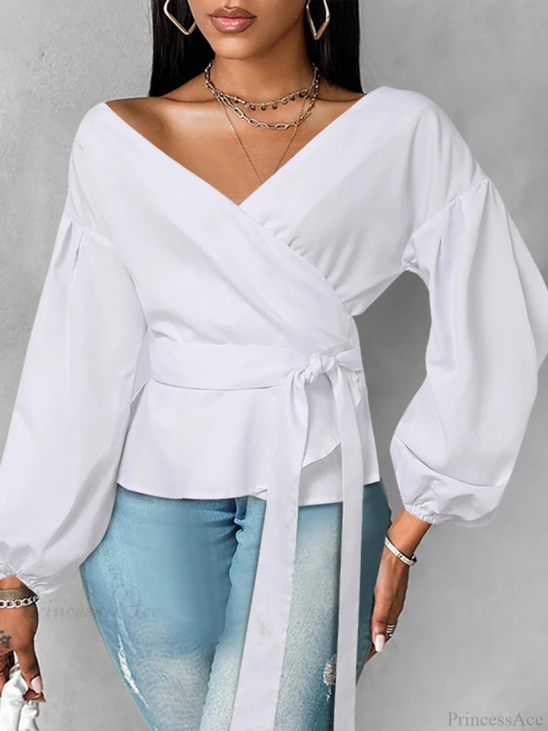 Lantern Sleeve Ruffled Belted Solid Color Blouse White / 0XL blouse-250126