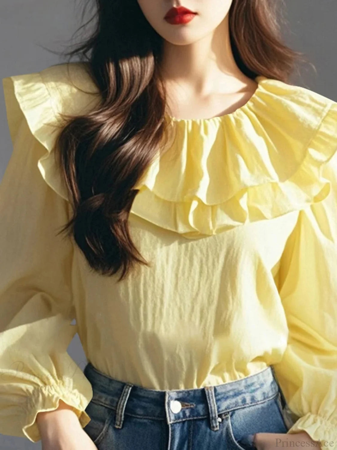 Lantern Sleeve Ruffled Round Neck Blouse Yellow / S blouse-250126