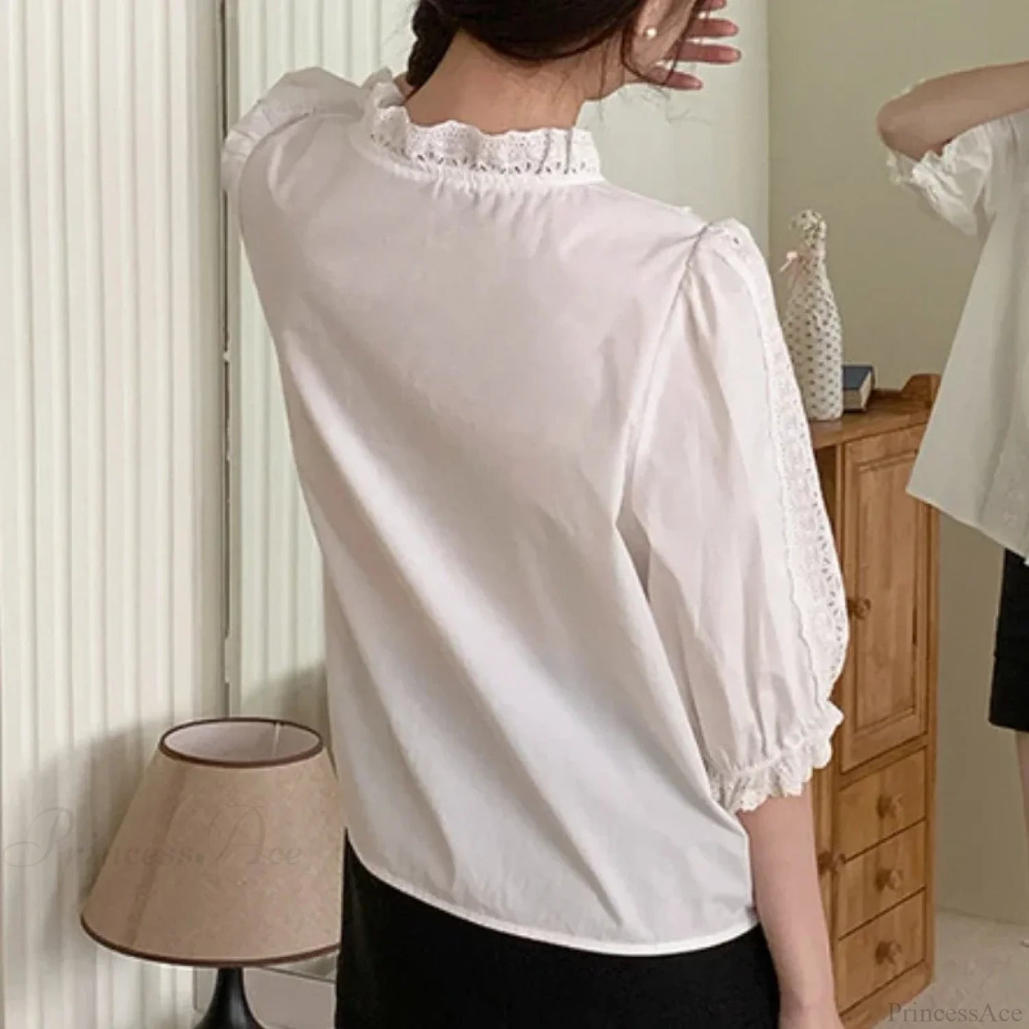 Lantern Sleeve Ruffles V-Neck Cotton Boho Office Blouse white / One Size bohoblouse-250126