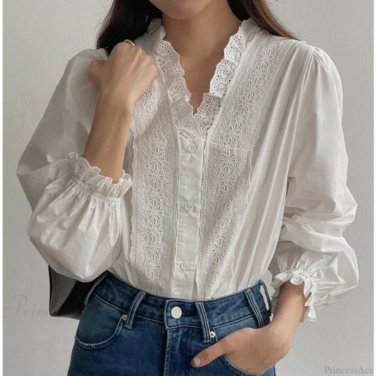 Lantern Sleeve Ruffles V-Neck Cotton Boho Office Blouse white / One Size bohoblouse-250126