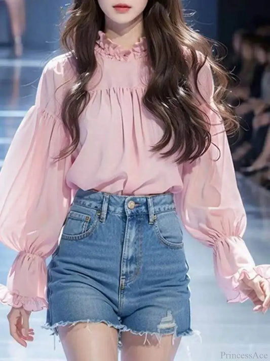 Lantern Sleeve Solid Stand Collar Blouse Pink / S blouse-250126