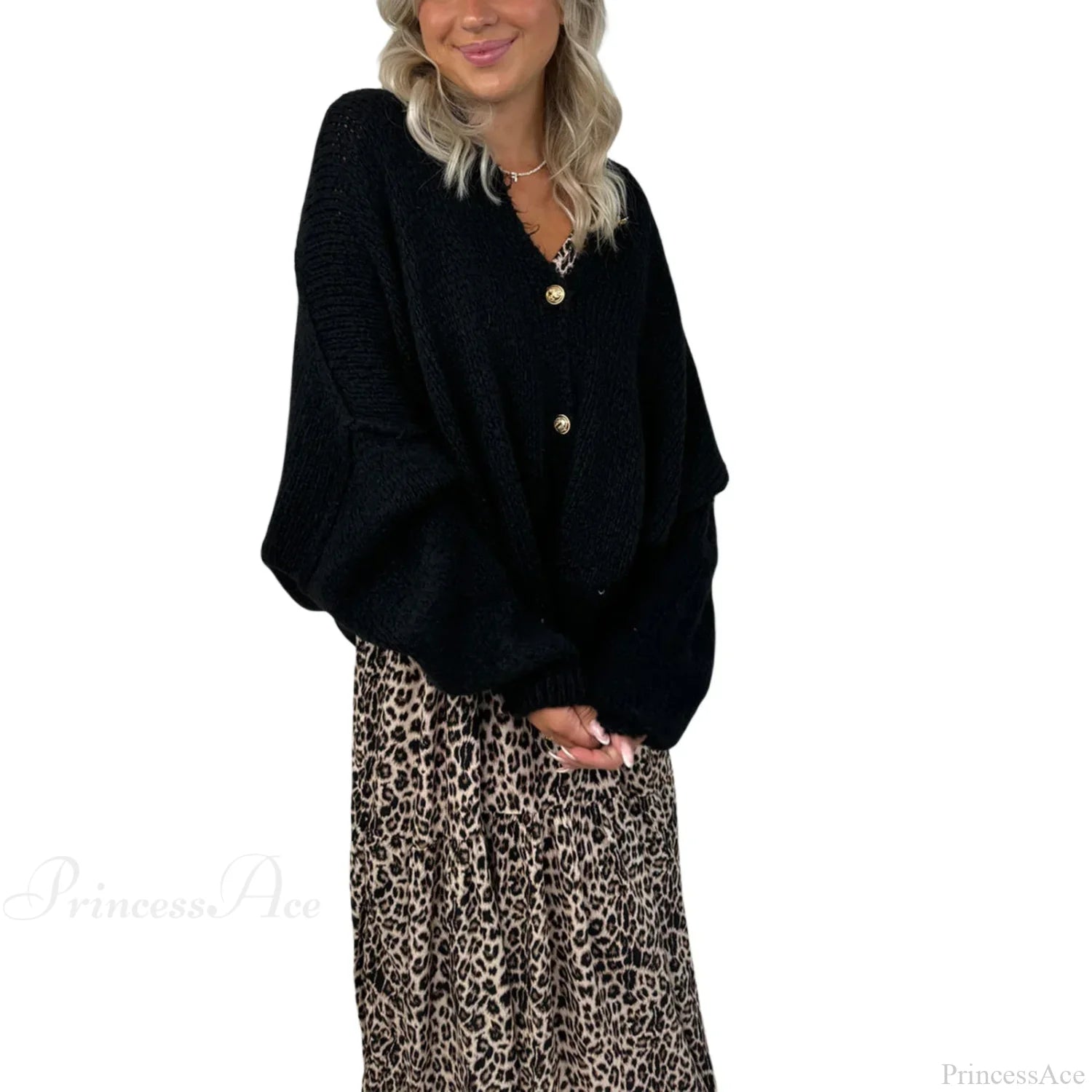 Lantern Sleeve Stand Collar Cardigan Black / S