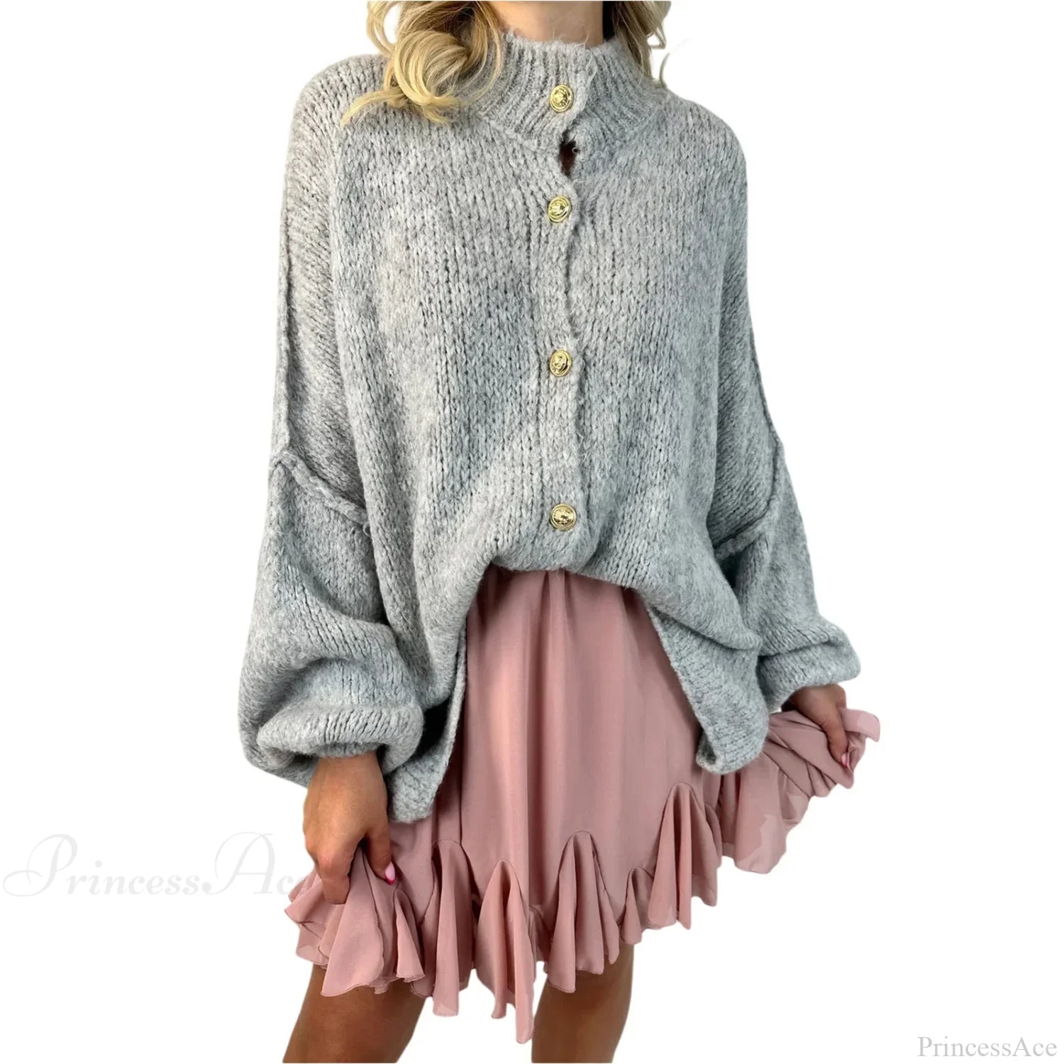 Lantern Sleeve Stand Collar Cardigan GRAY / S