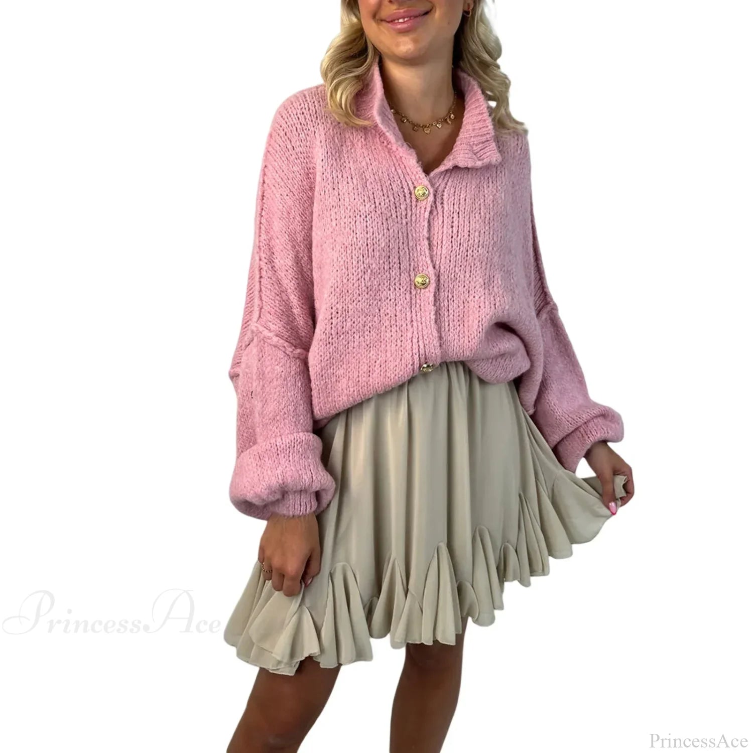 Lantern Sleeve Stand Collar Cardigan Pink / S