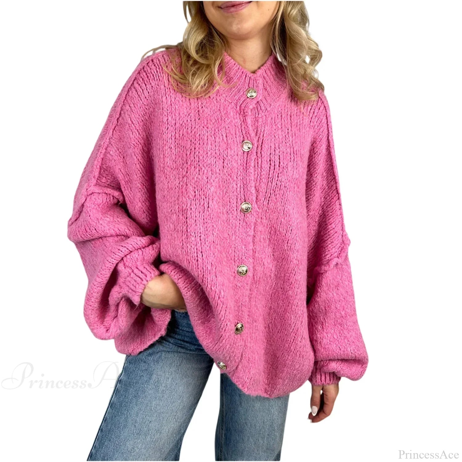 Lantern Sleeve Stand Collar Cardigan Rose Red / S