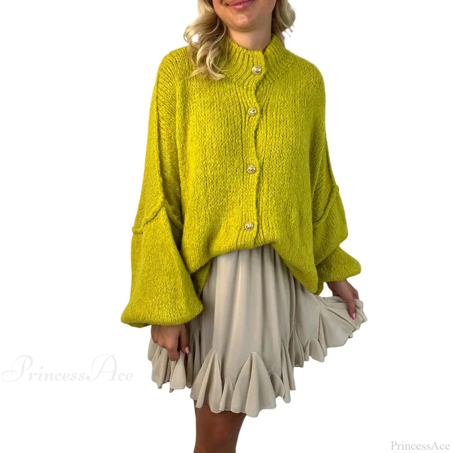 Lantern Sleeve Stand Collar Cardigan Turquoise / S