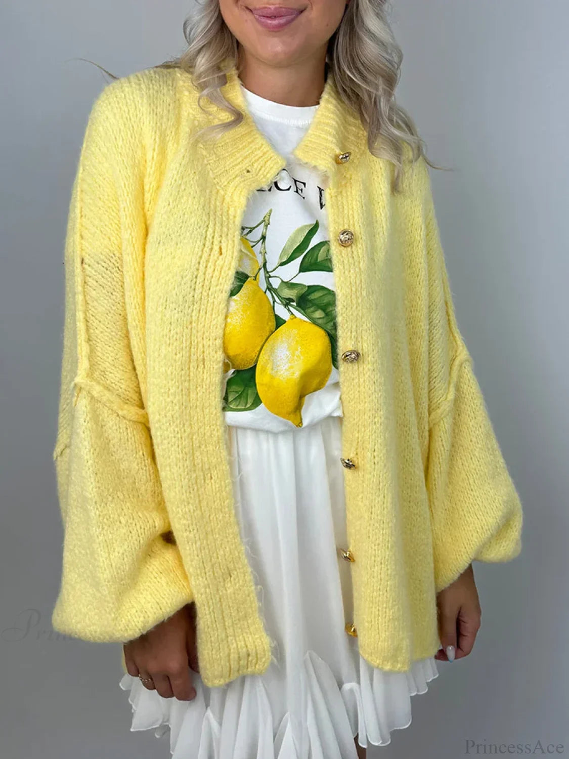 Lantern Sleeve Stand Collar Cardigan Yellow / S
