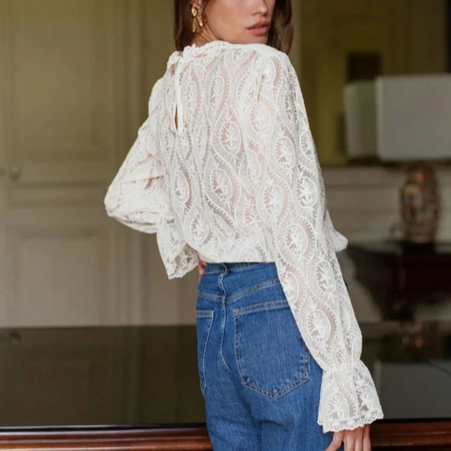 Lantern Sleeve Stand Neck Floral Boho Blouse bohoblouse-250126