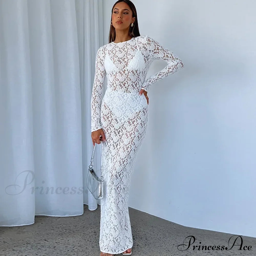 Lantern Sleeve V-Neck Maxi Dress White / S