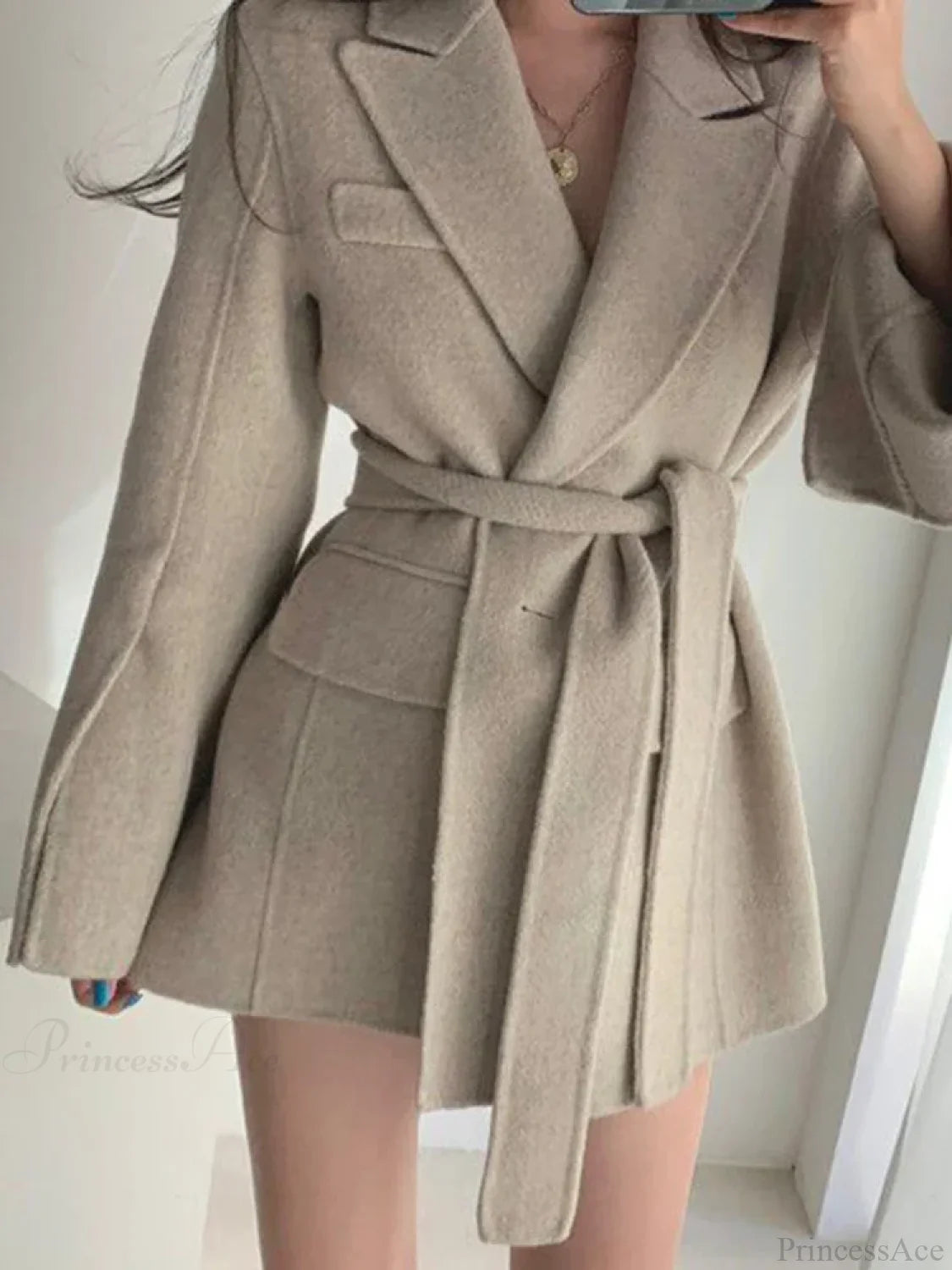 Lapel Belted Spliced Pockets Overcoat