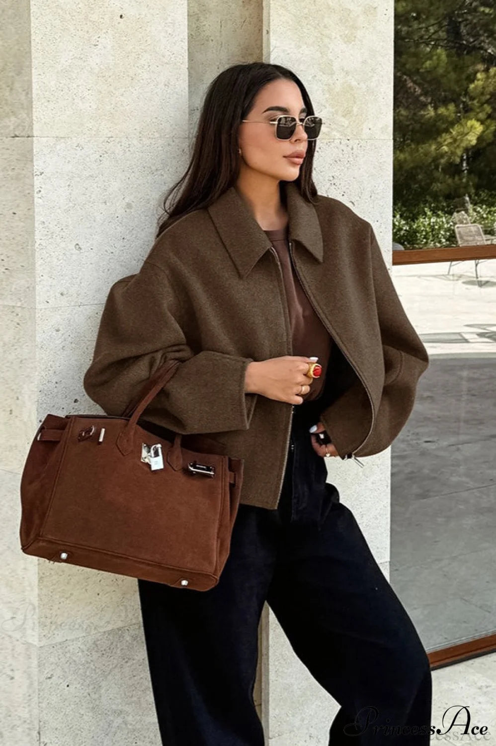 Lapel Long-Sleeve Zip Loose Woolen Jacket