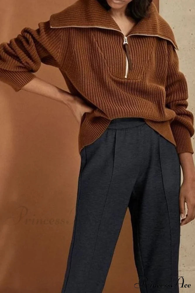 Lapel Zipper Sweater Brown / M Sweaters-L