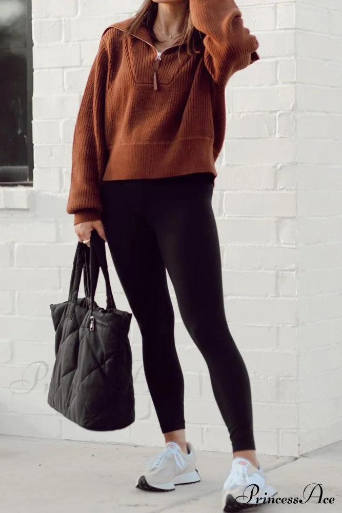 Lapel Zipper Sweater Brown / Xl Sweaters-L