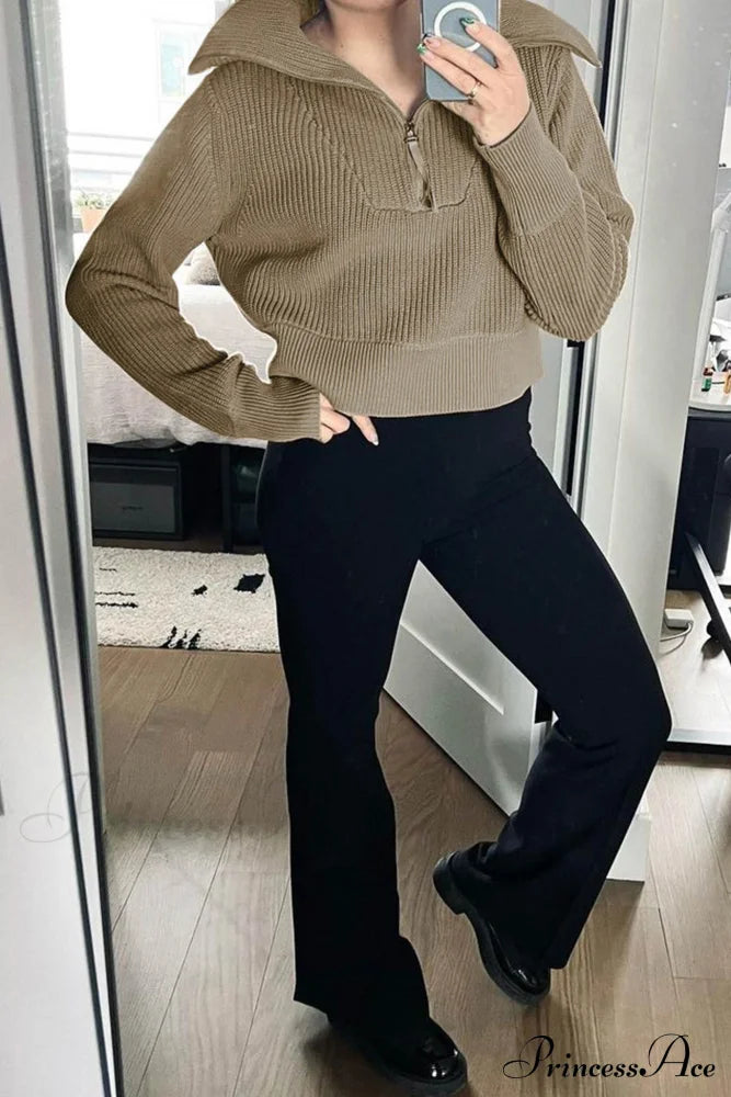 Lapel Zipper Sweater Khaki / L Sweaters-L