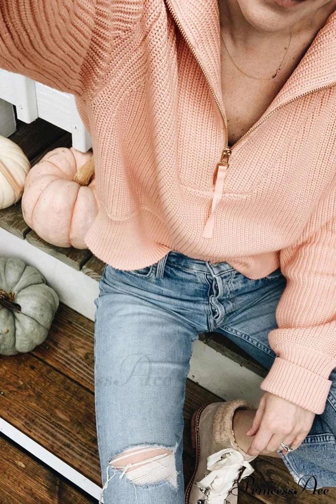 Lapel Zipper Sweater Light Pink / L Sweaters-L