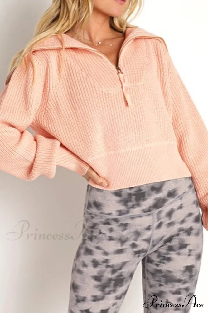 Lapel Zipper Sweater Light Pink / M Sweaters-L