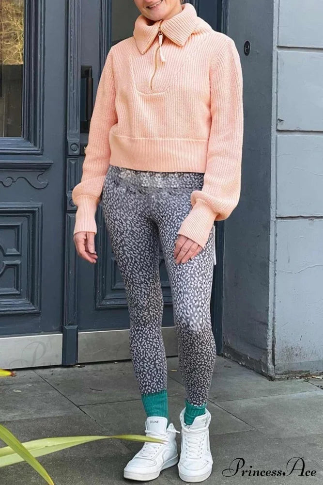 Lapel Zipper Sweater Light Pink / Xl Sweaters-L