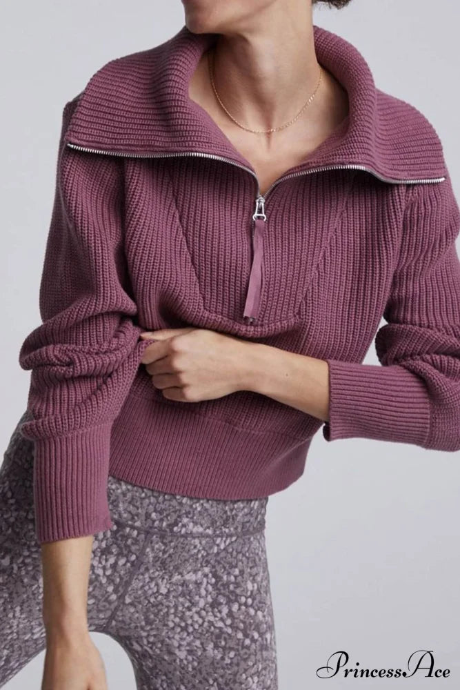 Lapel Zipper Sweater Purple / S Sweaters-L