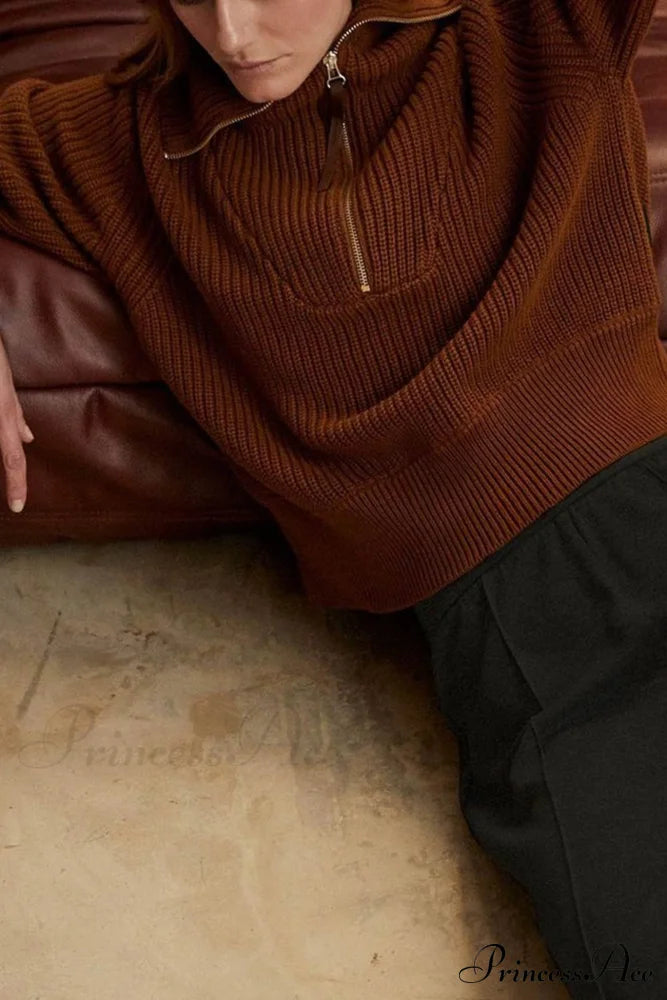 Lapel Zipper Sweater Sweaters-L