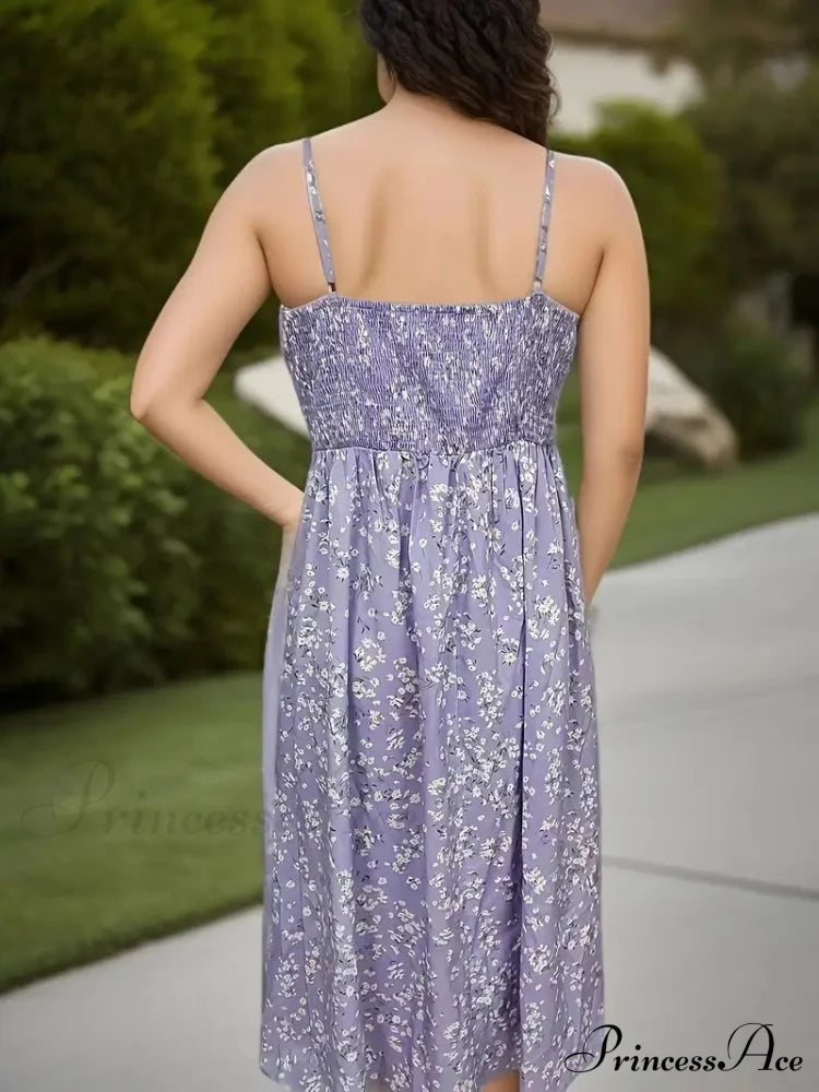 Lavender Spaghetti Strap Ruched Dress Purple Floral Maxi Dress
