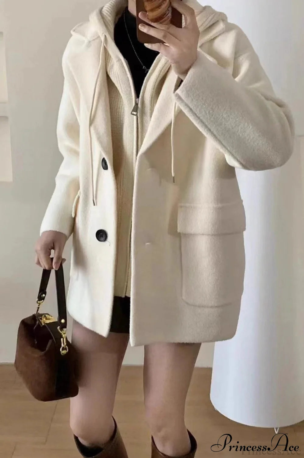 Layered-Look Wool Blend Loose Slim-Fit Knit Cardigan Coat White / One Size