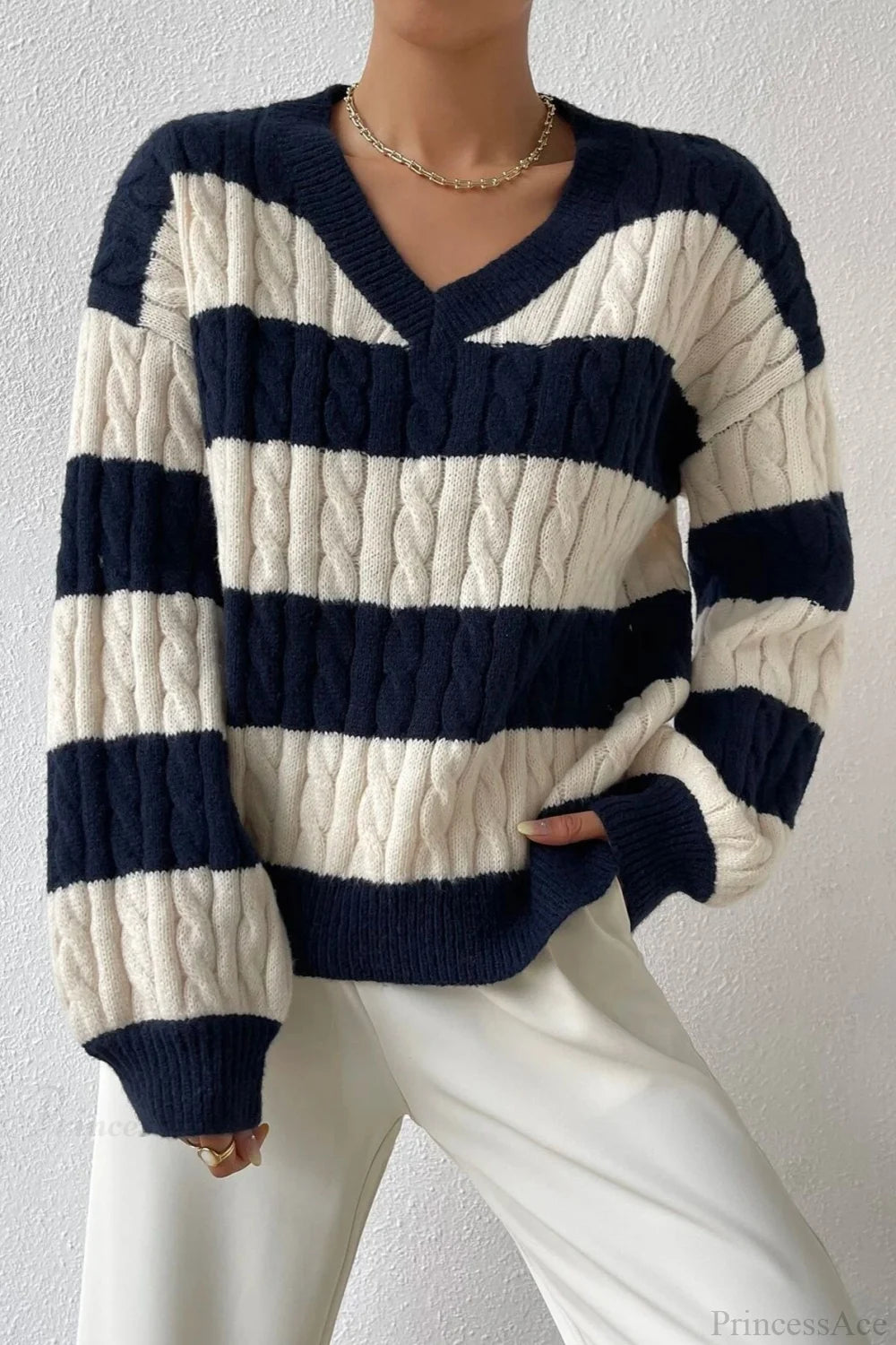 Lazy Loose V-neck Cable Knit Colorblock Stripe Sweater