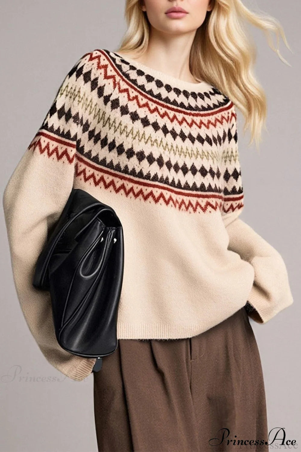 Lazy-Style Fair Isle Retro Versatile Crew-Neck Sweater Brown / One Size