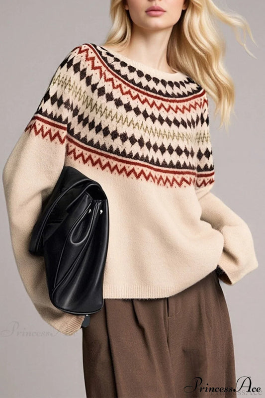 Lazy-Style Fair Isle Retro Versatile Crew-Neck Sweater Brown / One Size