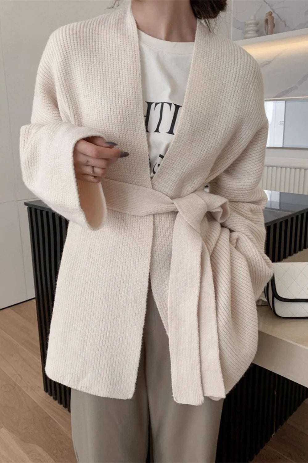Lazy-Style Oversized Belted Knit Cardigan Ivory / One Size