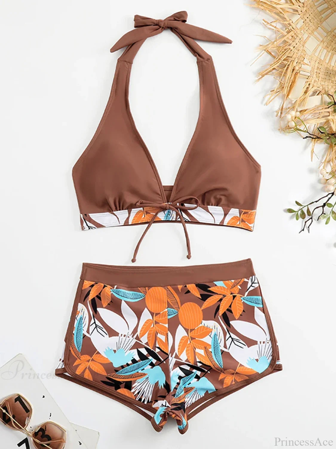 Leaf Print Knot Front Halter Two Piece Set Coffee Color / S