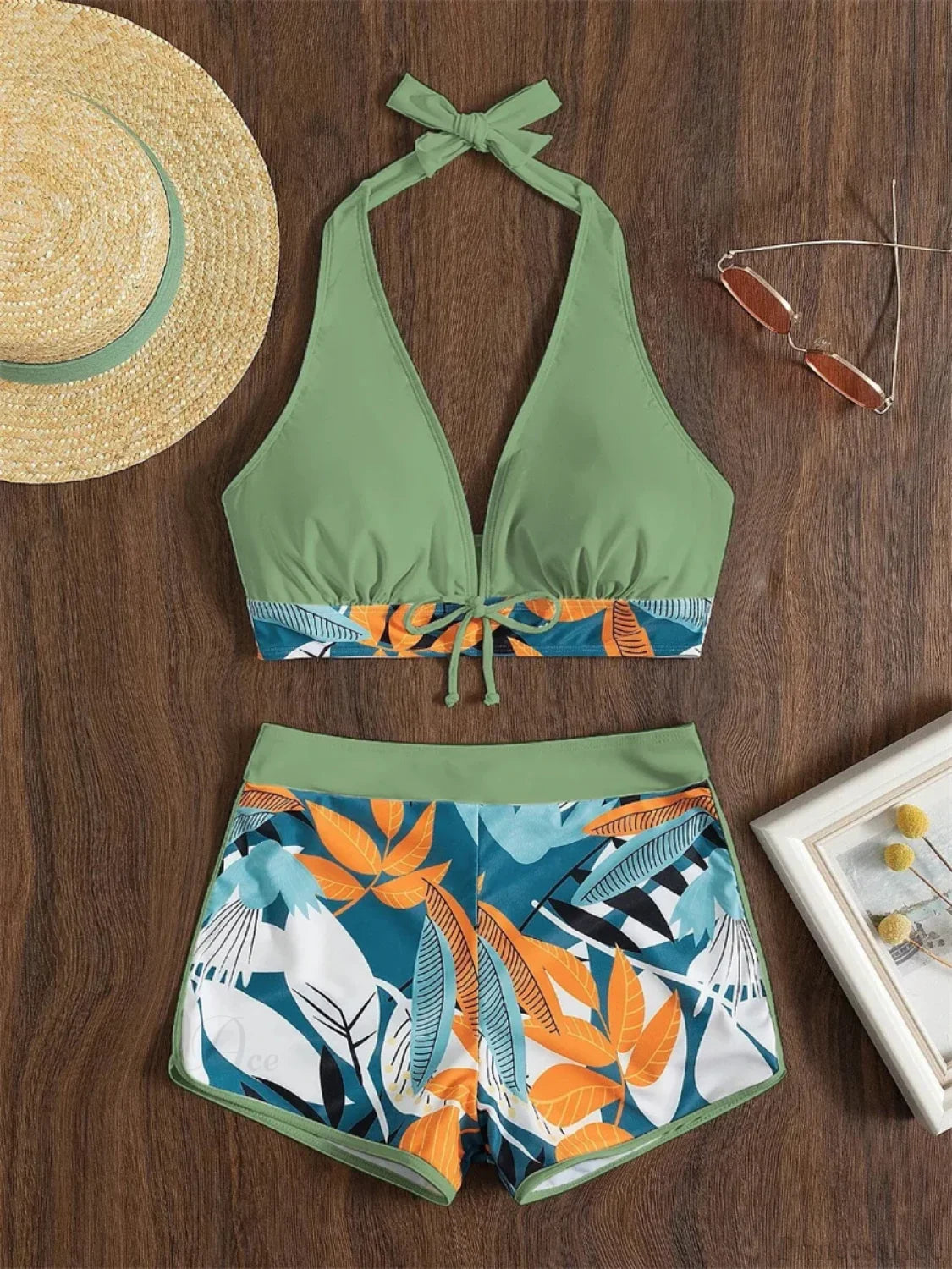 Leaf Print Knot Front Halter Two Piece Set Dark Green / S