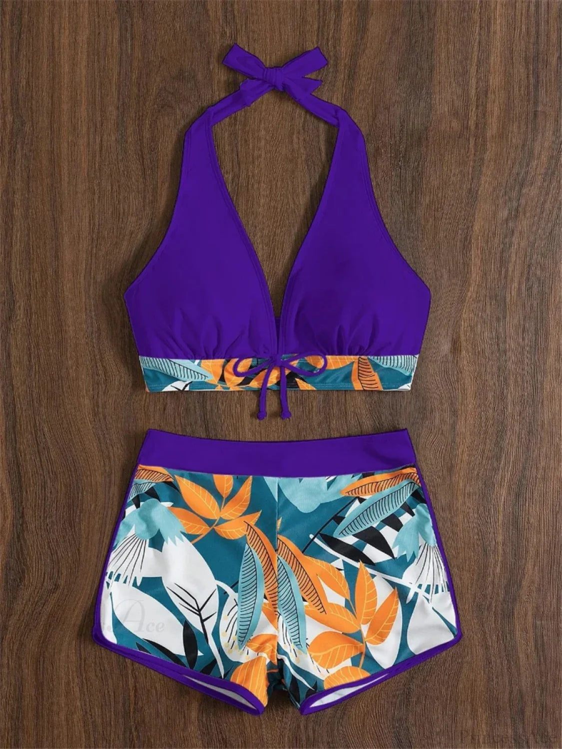 Leaf Print Knot Front Halter Two Piece Set Dark Purple / S
