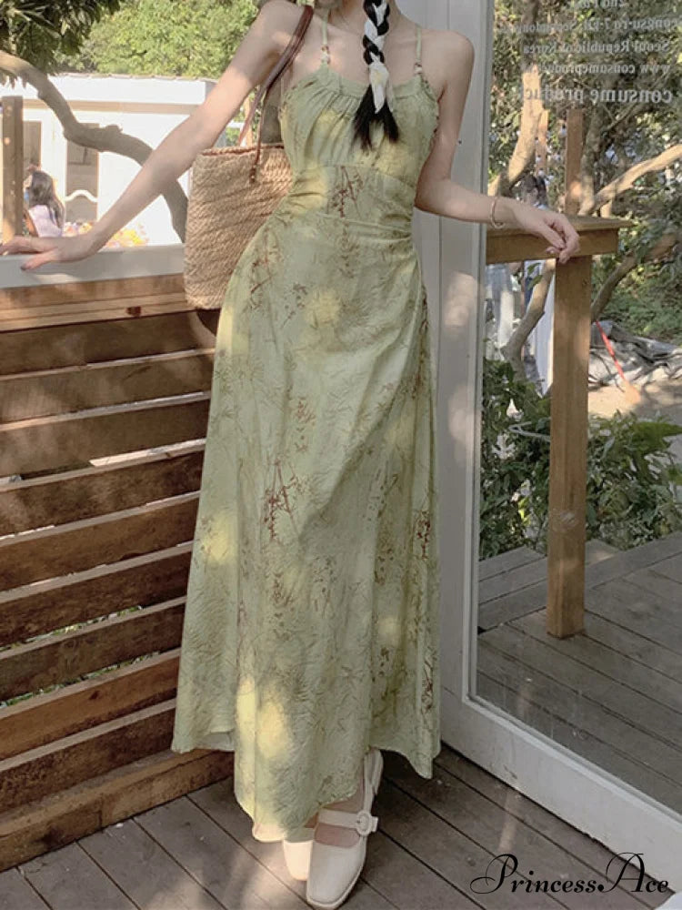 Leaf Print Ruched Maxi A-Line Dress With Spaghetti Straps Green Print Dress