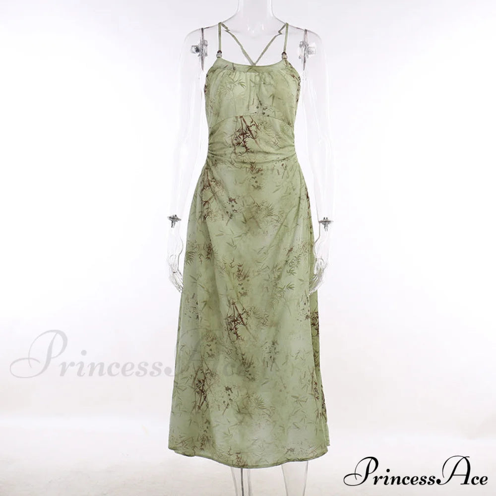 Leaf Print Ruched Maxi A-Line Dress With Spaghetti Straps Green Print Dress