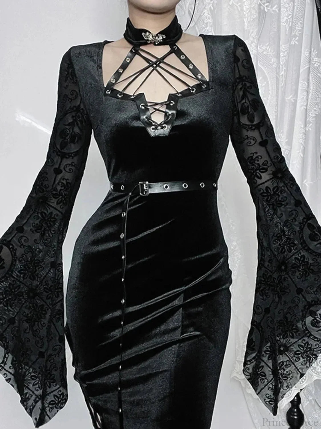 Leather Cord Sleeve Tall Waist Full-Length Dress