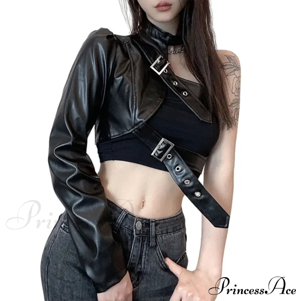 Leather Goth Punk Emo Stylish Elegant Classic Trendy Unique Crop Top