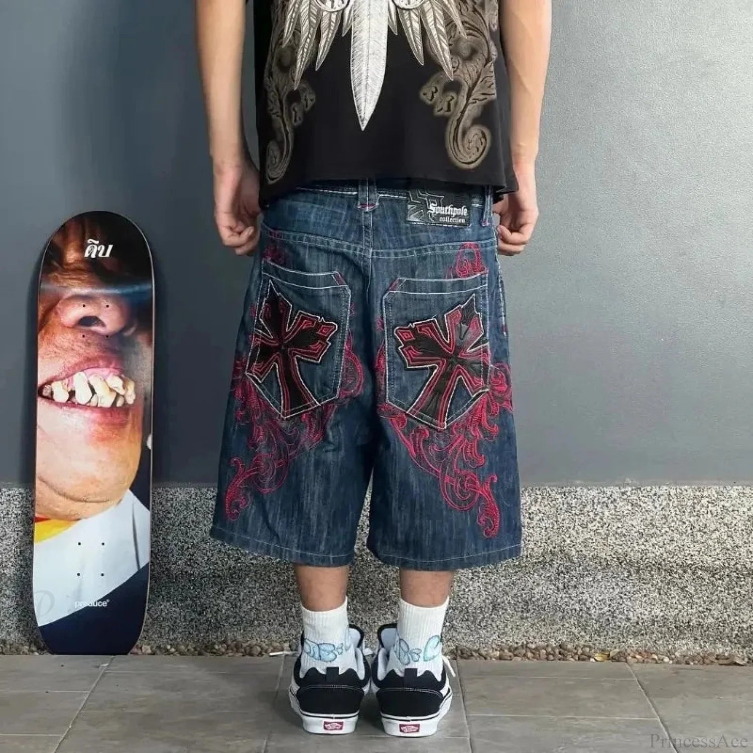 Leather Patch Embroidery Denim Short blue / S