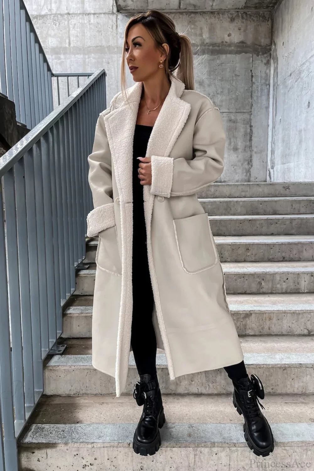 Leather Thickened Trench-Inspired Relaxed Tie Waist Overcoat Beige / S