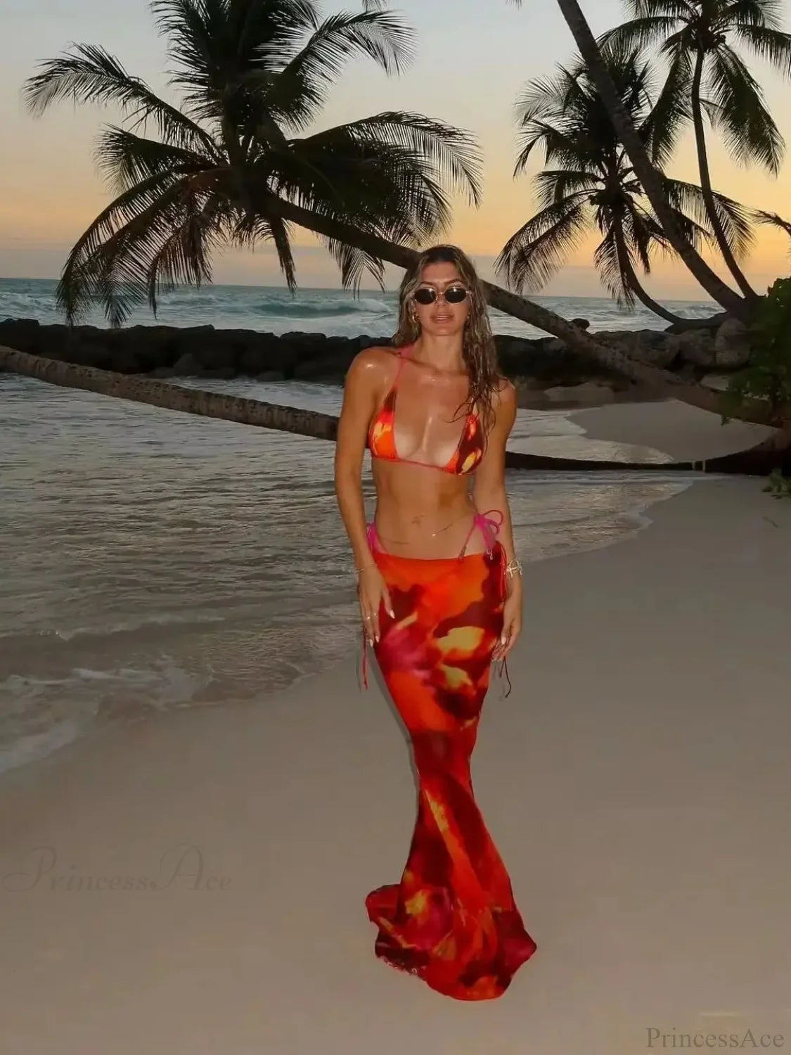 Leaves Print Tunic Three Piece Swimsuit