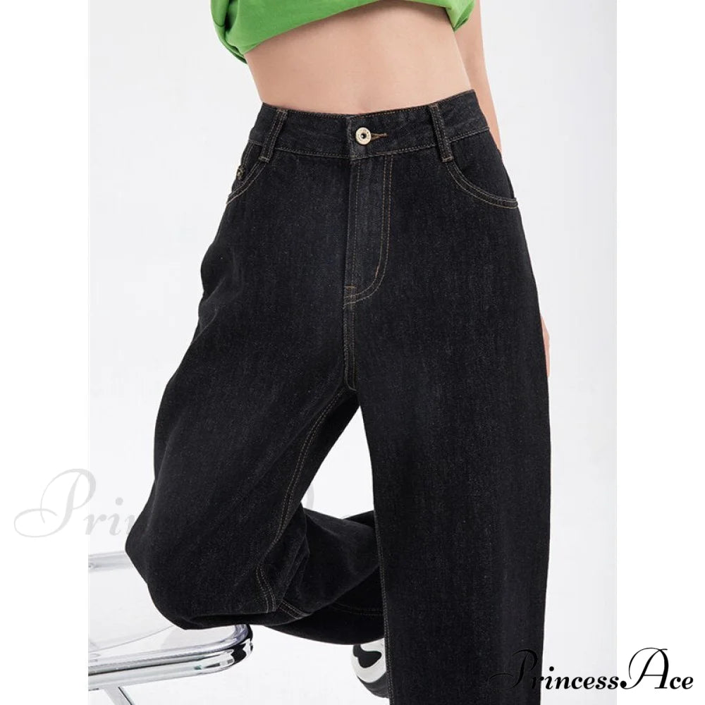 Leg High For Vintage Black Jean Straight Pants Trouser Wide Waist Denim - Women