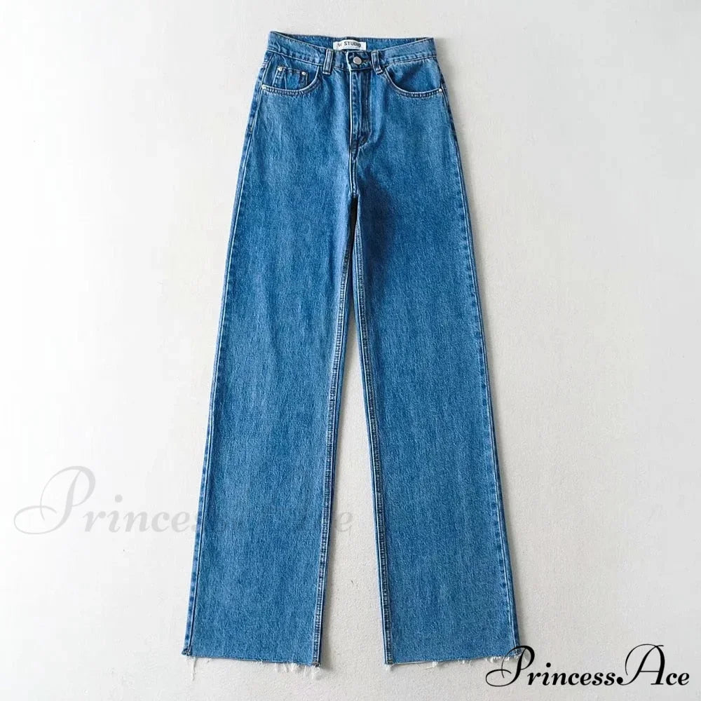 Leg Straight Denim Casual Fashion Women’s - Baggy Jeans High Waist Fit Dark Blue / Xs