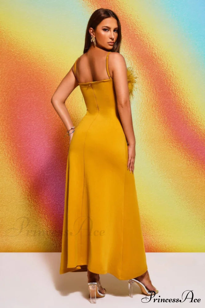 Leighton Yellow Stylish Feather Maxi Dress