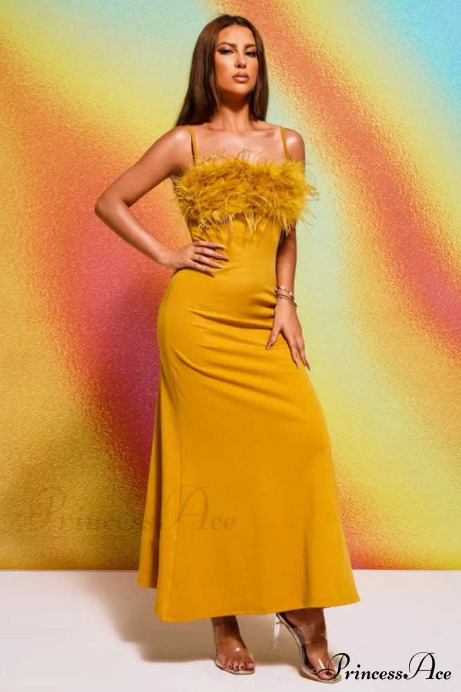 Leighton Yellow Stylish Feather Maxi Dress