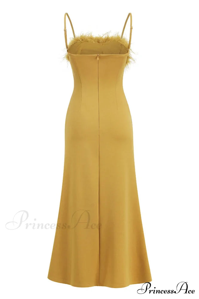 Leighton Yellow Stylish Feather Maxi Dress