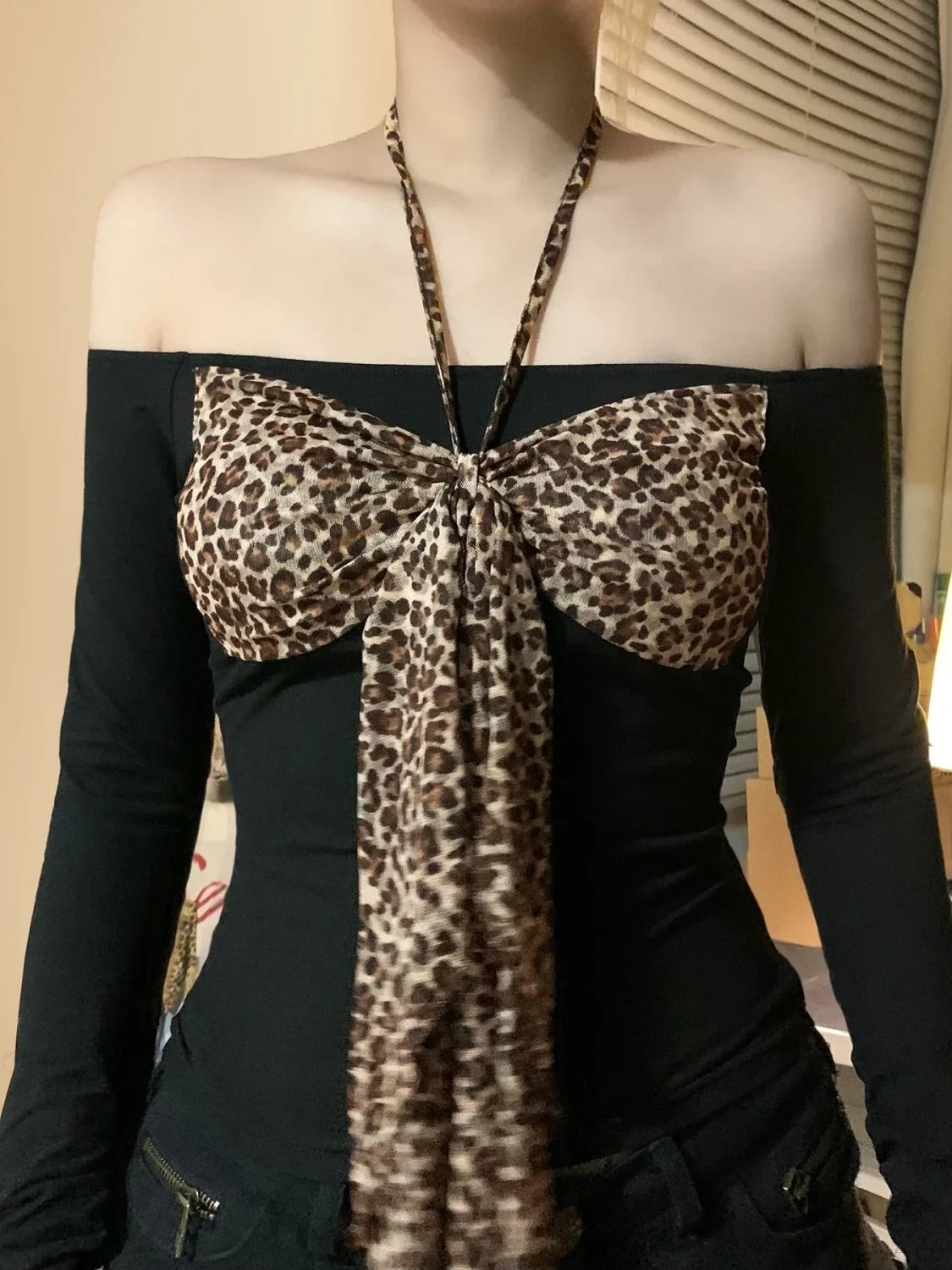 Leopard Bow Halter Knit Top