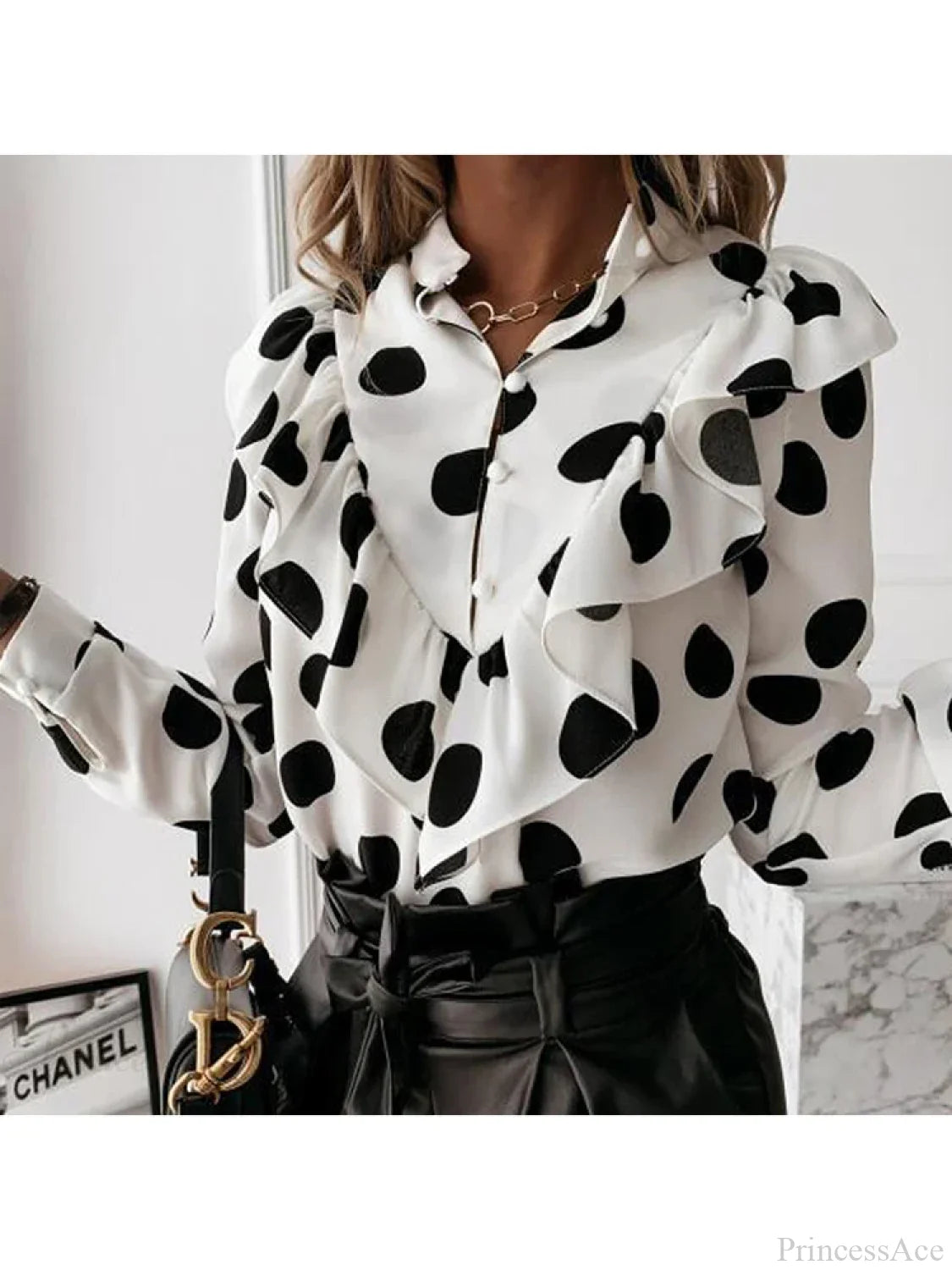 Leopard Dot Print Ruffle V Neck Blouse -Dot White / S blouse-250126