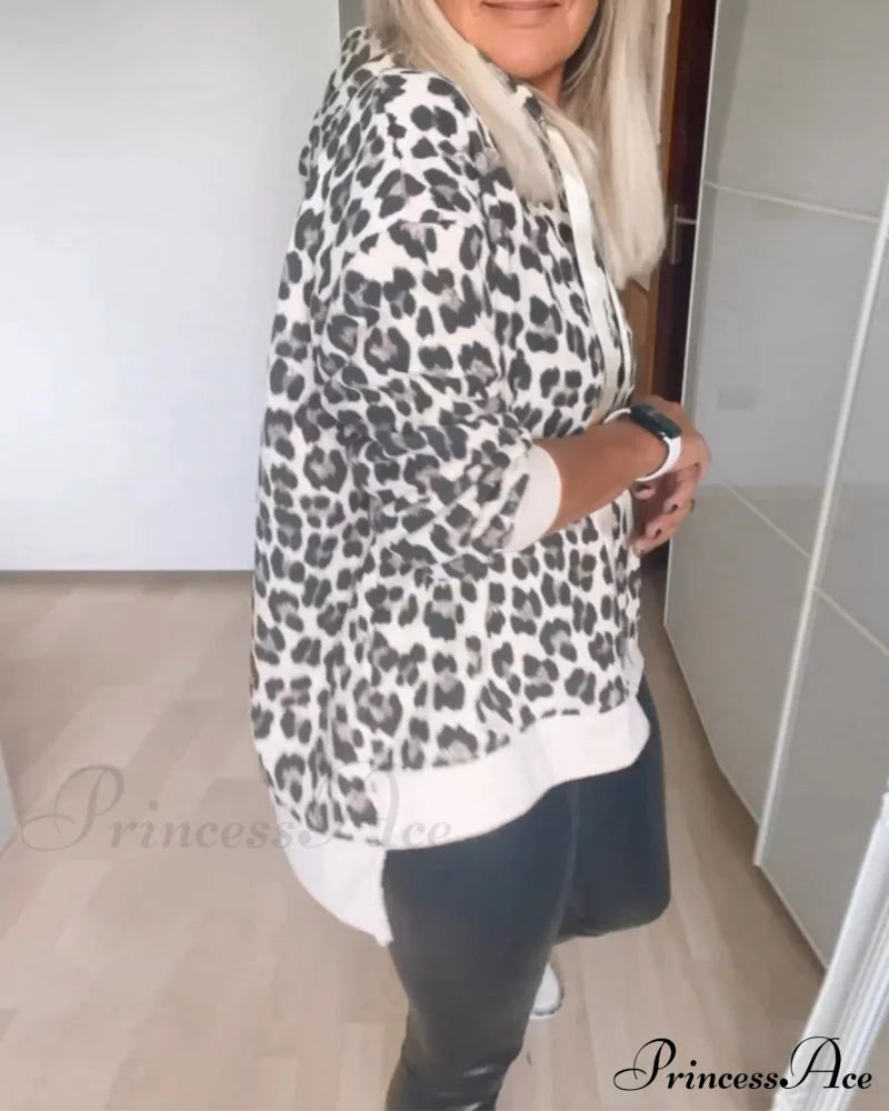 Leopard Drawstring Hoodie - Sweatshirts & Hoodies-L