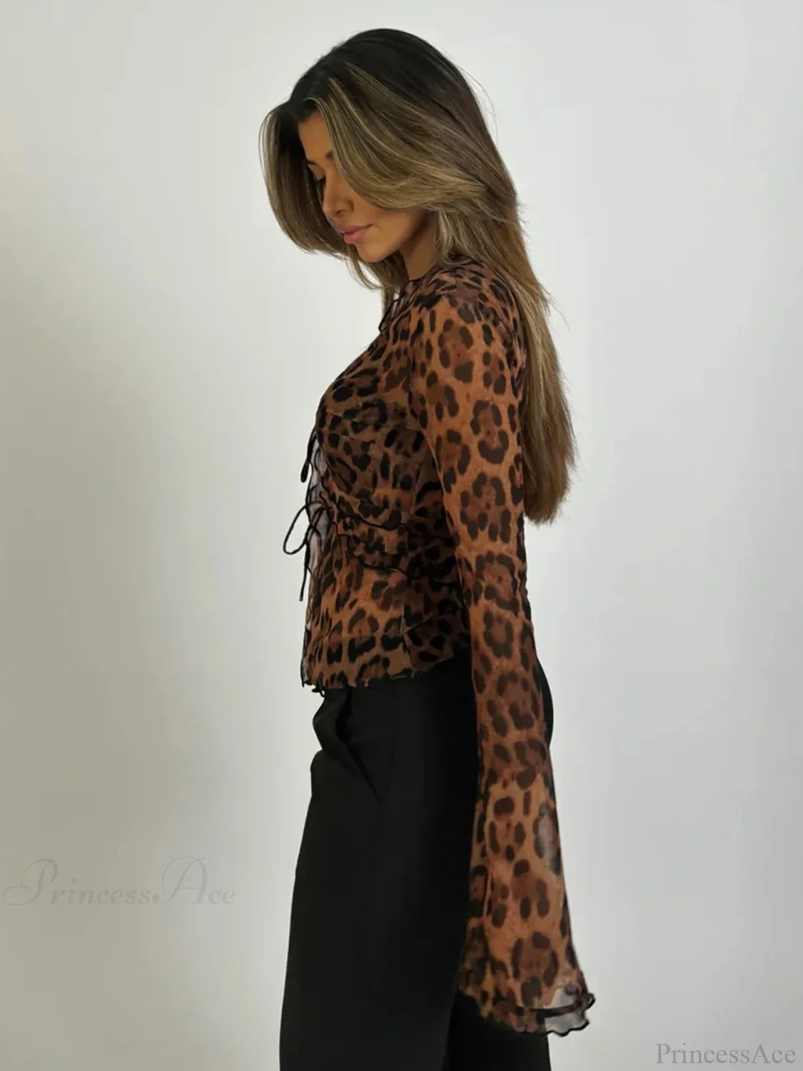 Leopard Mesh See-Through Tie-Front Blouse blouse-250223